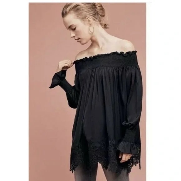 Anthropologie Vettora Off Shoulder Blouse by Eri + Ali Black/Crochet size M - Picture 2 of 5